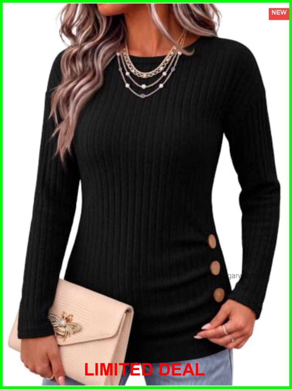 Ribbed Knit Tunic Top Long Sleeve Crew Neck Side Buttons